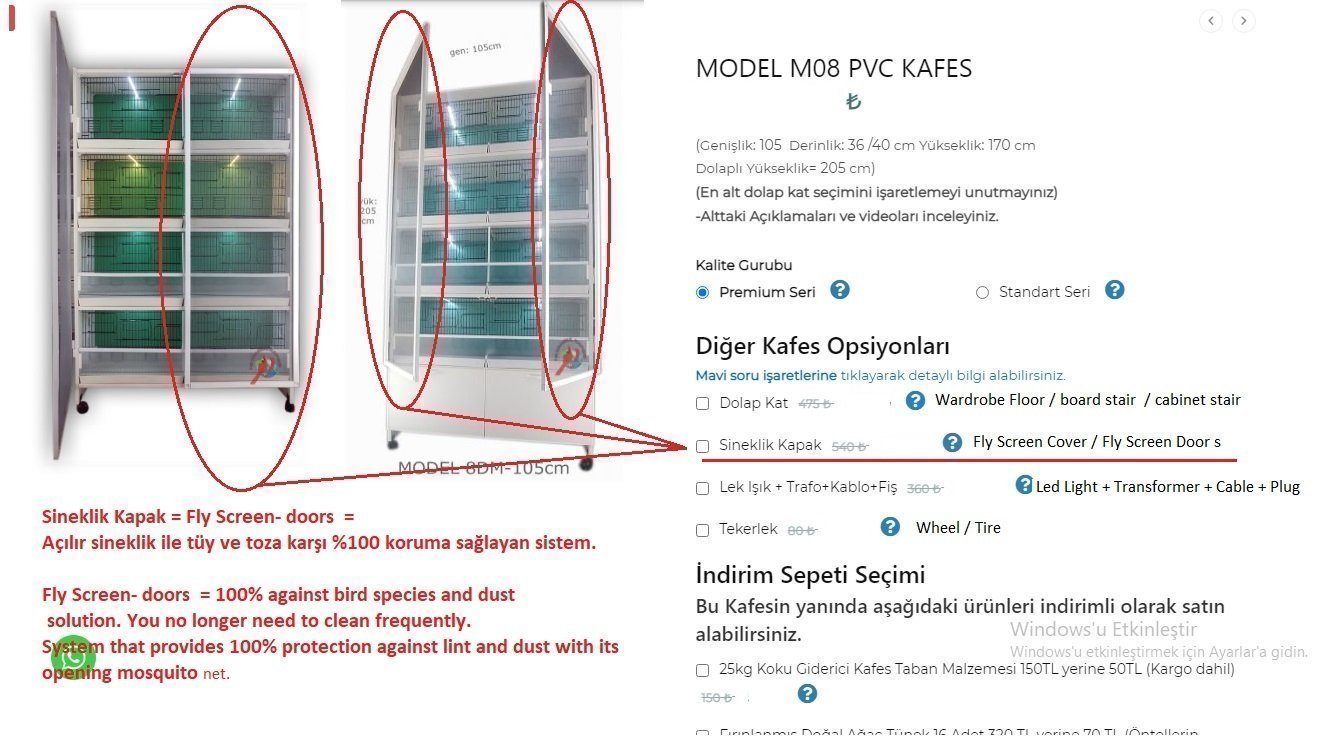 MODEL PDM08 - 8 li DOLAP - PVC KUŞ DOLABI - DOLAP KAFES - PVC KAFES - SALMA KAFES - ÇOK AMAÇLI DOLAP