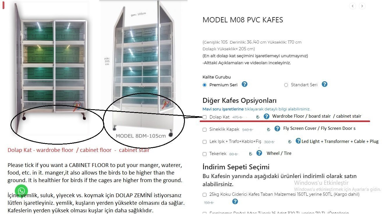 MODEL PDM08 - 8 li DOLAP - PVC KUŞ DOLABI - DOLAP KAFES - PVC KAFES - SALMA KAFES - ÇOK AMAÇLI DOLAP